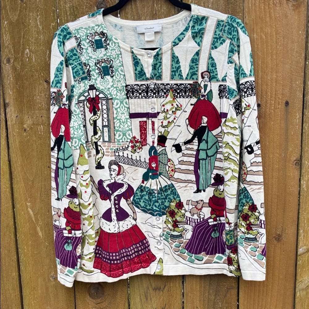 cj banks white holiday cardigan with colorful old fashioned Christmas scene